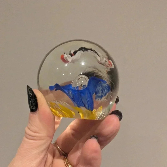 Czech Handcrafted Glass Paperweight with Blue and Yellow Design - Picture 6 of 10